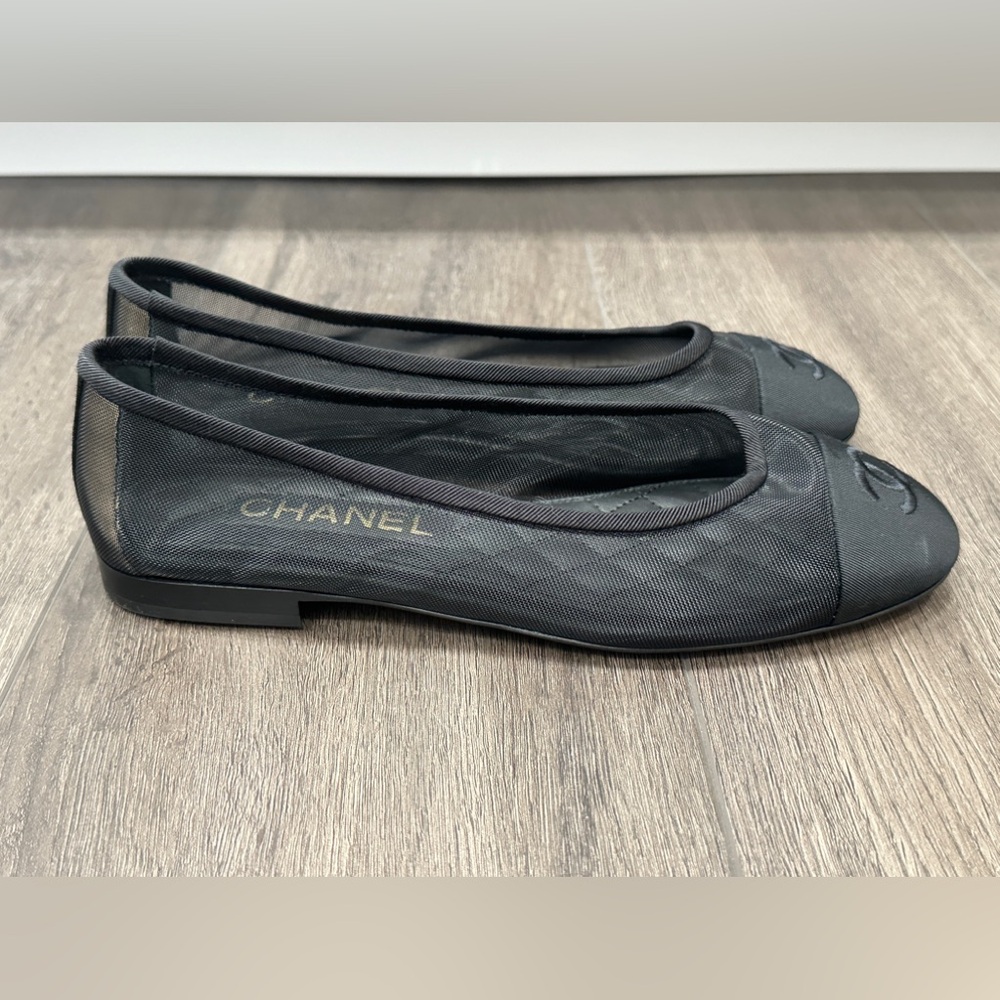 2025 CHANEL BLACK MESH BALLET FLATS BALLERINA SHOES 37 NEW - Picture 11 of 16